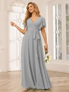 A-Line/Princess V-Neck Short Sleeves Floor-Length Bridesmaid Dresses with Sash — view 24