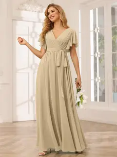 A-Line/Princess V-Neck Short Sleeves Floor-Length Bridesmaid Dresses with Sash — view 26
