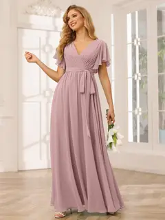 A-Line/Princess V-Neck Short Sleeves Floor-Length Bridesmaid Dresses with Sash — view 32