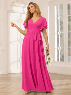 A-Line/Princess V-Neck Short Sleeves Floor-Length Bridesmaid Dresses with Sash — view 35