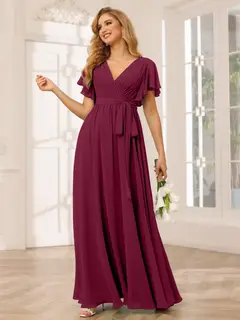 A-Line/Princess V-Neck Short Sleeves Floor-Length Bridesmaid Dresses with Sash — view 40