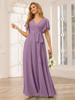 A-Line/Princess V-Neck Short Sleeves Floor-Length Bridesmaid Dresses with Sash — view 42