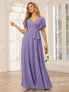 A-Line/Princess V-Neck Short Sleeves Floor-Length Bridesmaid Dresses with Sash — view 43