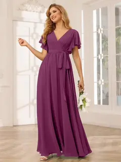 A-Line/Princess V-Neck Short Sleeves Floor-Length Bridesmaid Dresses with Sash — view 46