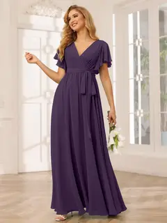 A-Line/Princess V-Neck Short Sleeves Floor-Length Bridesmaid Dresses with Sash — view 47