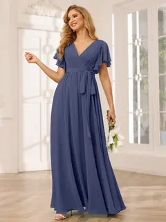 A-Line/Princess V-Neck Short Sleeves Floor-Length Bridesmaid Dresses with Sash — view 59