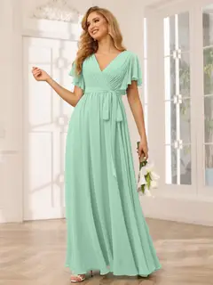 A-Line/Princess V-Neck Short Sleeves Floor-Length Bridesmaid Dresses with Sash — view 63
