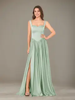 A-Line/Princess Sweetheart Sleeveless Floor-Length Silk Satin Bridesmaid Dresses with Pleated & Split Side — view 1
