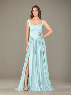 A-Line/Princess Sweetheart Sleeveless Floor-Length Silk Satin Bridesmaid Dresses with Pleated & Split Side — view 41