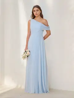 A-Line/Princess One-Shoulder Sleeveless Floor-Length Chiffon Bridesmaid Dresses with Watteau Train — view 1