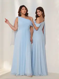 A-Line/Princess One-Shoulder Sleeveless Floor-Length Chiffon Bridesmaid Dresses with Watteau Train — view 2