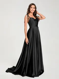 A-Line/Princess Spaghetti Straps Sleeveless Floor-Length Bridemaid Dresses with Split Side — view 13