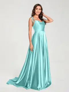 A-Line/Princess Spaghetti Straps Sleeveless Floor-Length Bridemaid Dresses with Split Side — view 39