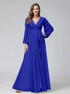 A-Line/Princess V-Neck Long Sleeves Chiffon Long Bridesmaid Dresses With Ruffles Split Side — view 55