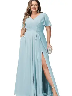 A-Line/Princess Chiffon V-Neck Short Sleeves Floor-Length Bridesmaid Dresses — view 3