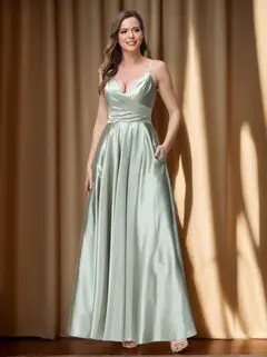 A-Line/Princess V-Neck Sleeveless Ankle-Length Silk Satin Bridemaid Dresses with Pockets & Split Side — view 1