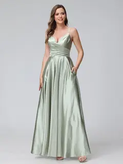 A-Line/Princess V-Neck Sleeveless Ankle-Length Silk Satin Bridemaid Dresses with Pockets & Split Side — view 2