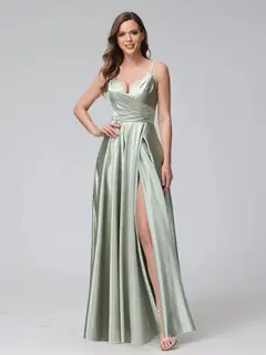 A-Line/Princess V-Neck Sleeveless Ankle-Length Silk Satin Bridemaid Dresses with Pockets & Split Side — view 5
