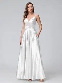 A-Line/Princess V-Neck Sleeveless Ankle-Length Silk Satin Bridemaid Dresses with Pockets & Split Side — view 14
