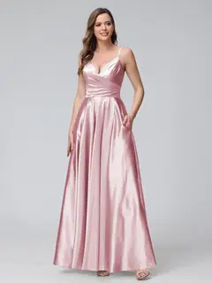 A-Line/Princess V-Neck Sleeveless Ankle-Length Silk Satin Bridemaid Dresses with Pockets & Split Side — view 22