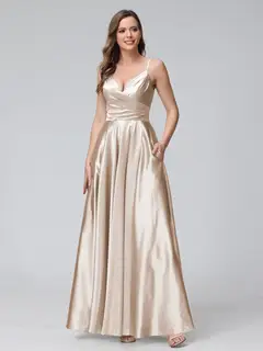 A-Line/Princess V-Neck Sleeveless Ankle-Length Silk Satin Bridemaid Dresses with Pockets & Split Side — view 24