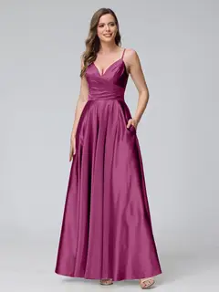 A-Line/Princess V-Neck Sleeveless Ankle-Length Silk Satin Bridemaid Dresses with Pockets & Split Side — view 33