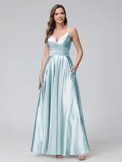 A-Line/Princess V-Neck Sleeveless Ankle-Length Silk Satin Bridemaid Dresses with Pockets & Split Side — view 37