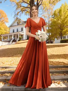 A-Line/Princess V-Neck Short Sleeves Bridesmaid Dresses with Split Side & Ruched — view 1