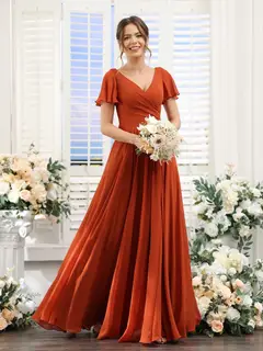 A-Line/Princess V-Neck Short Sleeves Bridesmaid Dresses with Split Side & Ruched — view 2