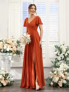 A-Line/Princess V-Neck Short Sleeves Bridesmaid Dresses with Split Side & Ruched — view 7