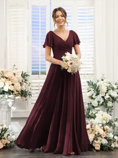 A-Line/Princess V-Neck Short Sleeves Bridesmaid Dresses with Split Side & Ruched — view 13