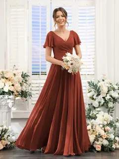 A-Line/Princess V-Neck Short Sleeves Bridesmaid Dresses with Split Side & Ruched — view 14