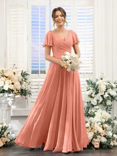 A-Line/Princess V-Neck Short Sleeves Bridesmaid Dresses with Split Side & Ruched — view 16