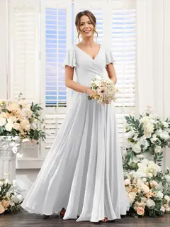 A-Line/Princess V-Neck Short Sleeves Bridesmaid Dresses with Split Side & Ruched — view 20