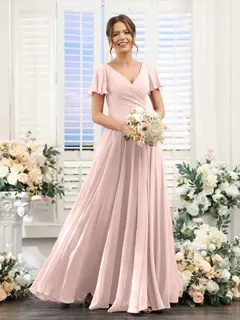 A-Line/Princess V-Neck Short Sleeves Bridesmaid Dresses with Split Side & Ruched — view 27