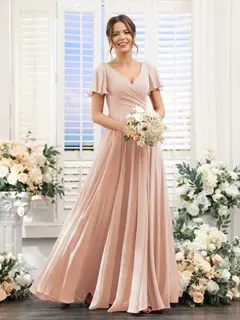 A-Line/Princess V-Neck Short Sleeves Bridesmaid Dresses with Split Side & Ruched — view 29