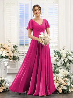 A-Line/Princess V-Neck Short Sleeves Bridesmaid Dresses with Split Side & Ruched — view 35