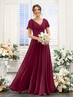 A-Line/Princess V-Neck Short Sleeves Bridesmaid Dresses with Split Side & Ruched — view 39