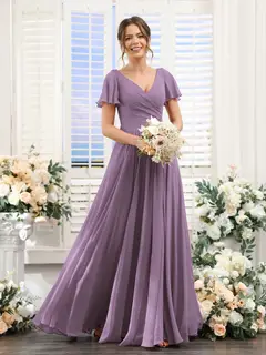A-Line/Princess V-Neck Short Sleeves Bridesmaid Dresses with Split Side & Ruched — view 41