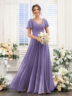 A-Line/Princess V-Neck Short Sleeves Bridesmaid Dresses with Split Side & Ruched — view 42