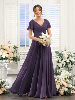 A-Line/Princess V-Neck Short Sleeves Bridesmaid Dresses with Split Side & Ruched — view 46