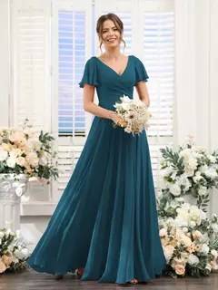 A-Line/Princess V-Neck Short Sleeves Bridesmaid Dresses with Split Side & Ruched — view 59