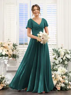 A-Line/Princess V-Neck Short Sleeves Bridesmaid Dresses with Split Side & Ruched — view 67