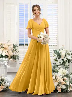 A-Line/Princess V-Neck Short Sleeves Bridesmaid Dresses with Split Side & Ruched — view 71
