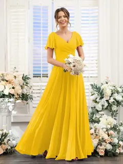 A-Line/Princess V-Neck Short Sleeves Bridesmaid Dresses with Split Side & Ruched — view 72