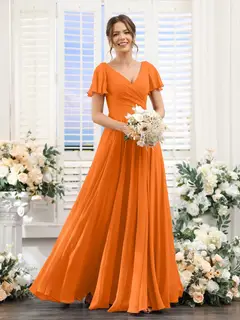 A-Line/Princess V-Neck Short Sleeves Bridesmaid Dresses with Split Side & Ruched — view 73
