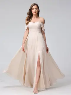 A-Line/Princess Off-the-Shoulder Sleeveless Floor-Length Bridemaid Dresses with Split Side & Ruched — view 4