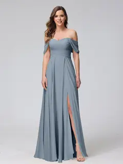 A-Line/Princess Off-the-Shoulder Sleeveless Floor-Length Bridemaid Dresses with Split Side & Ruched — view 9