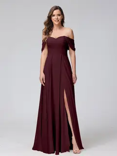 A-Line/Princess Off-the-Shoulder Sleeveless Floor-Length Bridemaid Dresses with Split Side & Ruched — view 13