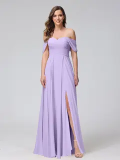 A-Line/Princess Off-the-Shoulder Sleeveless Floor-Length Bridemaid Dresses with Split Side & Ruched — view 15